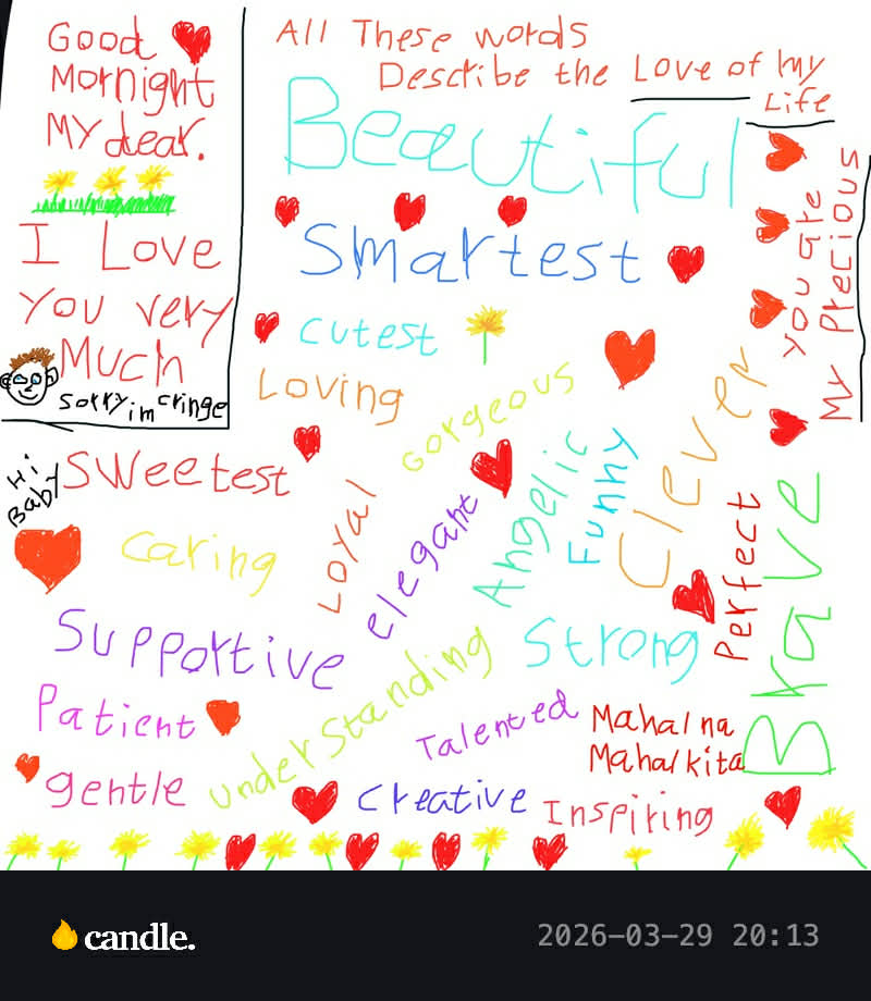 Colorful handwritten love letter style drawing with hearts and flowers.