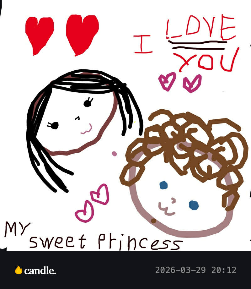 Hand-drawn portrait and hearts with I love you text.